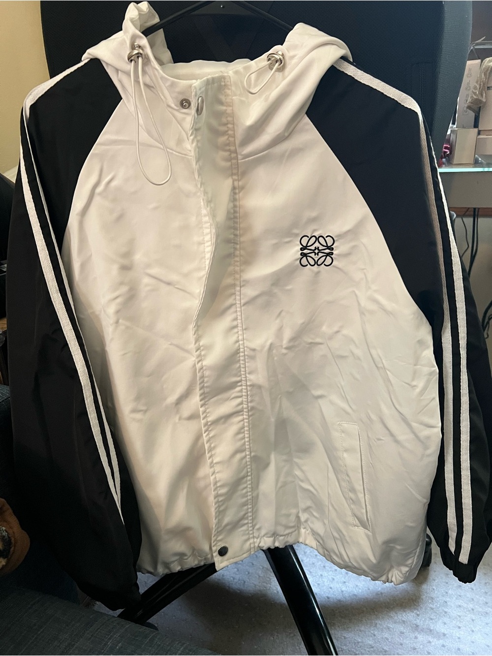 Unisex White and Black Hooded Windbreaker with Contrast Sleeves